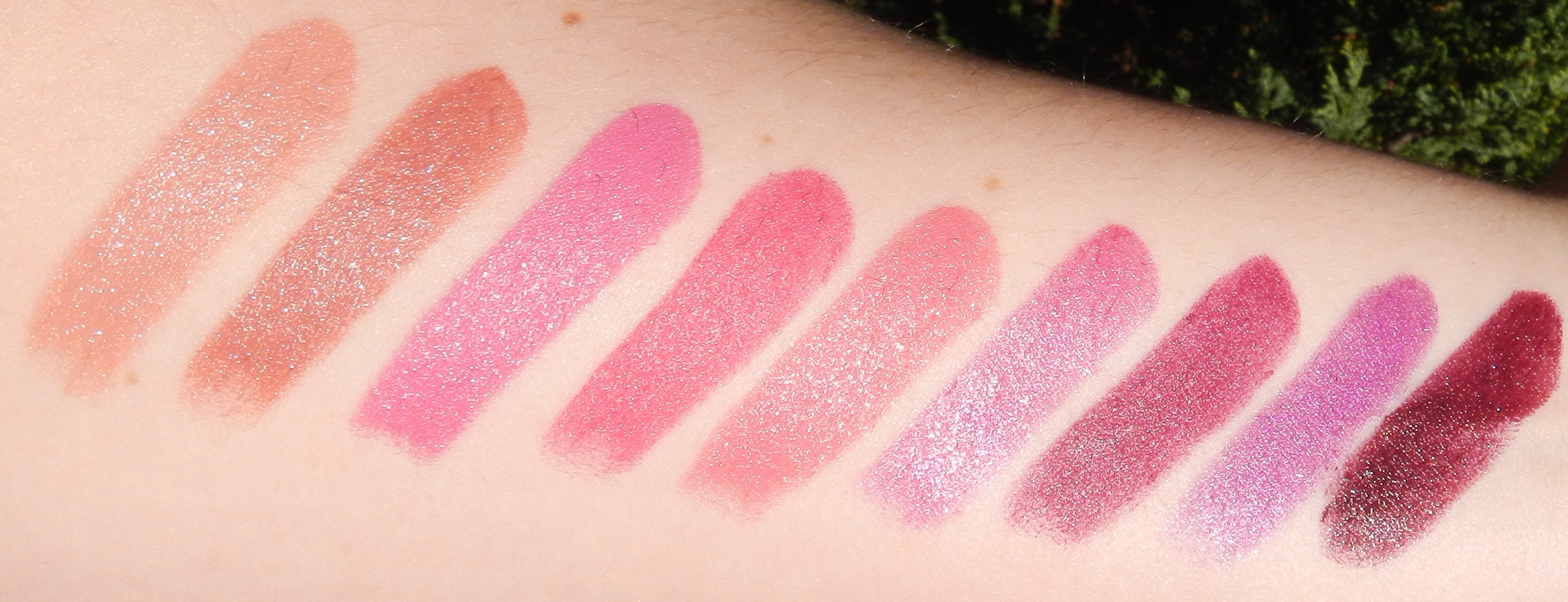 Swatches from left to right - Nude Crème, Naturally Chic, Rose Amour, Hot P...